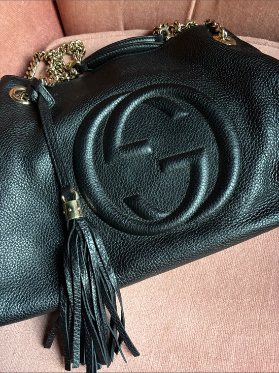 Gucci Handbags - Gucci Black Pebbled Calfskin Embossed SoHo Chain Shoulder Bag with Tassel